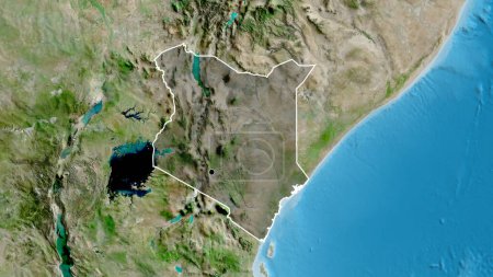 Photo for Close-up of the Kenya border area highlighting with a dark overlay on a satellite map. Capital point. Outline around the country shape. - Royalty Free Image