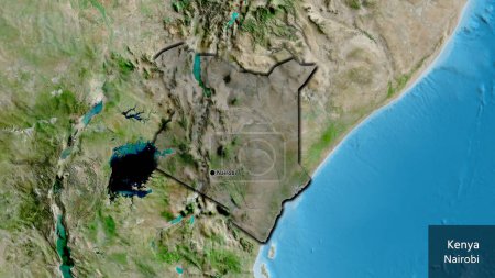 Photo for Close-up of the Kenya border area highlighting with a dark overlay on a satellite map. Capital point. Bevelled edges of the country shape. English name of the country and its capital - Royalty Free Image