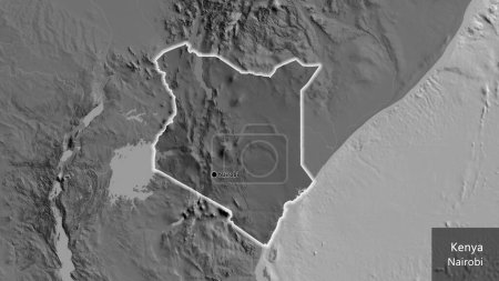 Photo for Close-up of the Kenya border area highlighting with a dark overlay on a bilevel map. Capital point. Glow around the country shape. English name of the country and its capital - Royalty Free Image