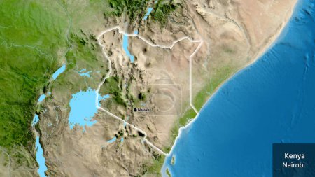 Photo for Close-up of the Kenya border area on a satellite map. Capital point. Glow around the country shape. English name of the country and its capital - Royalty Free Image