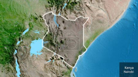 Photo for Close-up of the Kenya border area highlighting with a dark overlay on a satellite map. Capital point. Glow around the country shape. English name of the country and its capital - Royalty Free Image