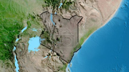Photo for Close-up of the Kenya border area highlighting with a dark overlay on a satellite map. Capital point. Bevelled edges of the country shape. - Royalty Free Image