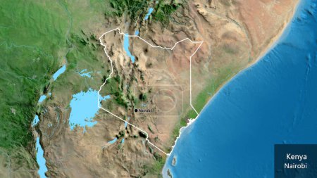 Photo for Close-up of the Kenya border area on a satellite map. Capital point. Outline around the country shape. English name of the country and its capital - Royalty Free Image