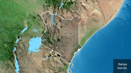 Photo for Close-up of the Kenya border area highlighting with a dark overlay on a satellite map. Capital point. Outline around the country shape. English name of the country and its capital - Royalty Free Image
