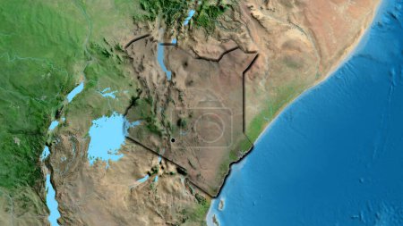Photo for Close-up of the Kenya border area highlighting with a dark overlay on a satellite map. Capital point. Bevelled edges of the country shape. - Royalty Free Image