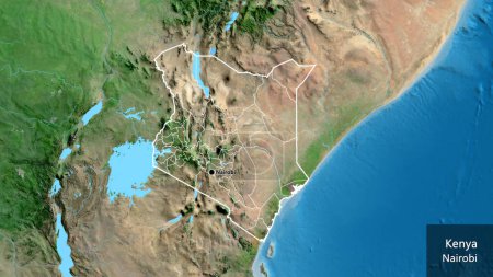 Photo for Close-up of the Kenya border area and its regional borders on a satellite map. Capital point. Outline around the country shape. English name of the country and its capital - Royalty Free Image