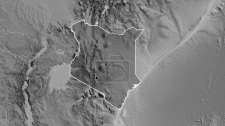 Photo for Close-up of the Kenya border area highlighting with a dark overlay on a grayscale map. Capital point. Outline around the country shape. - Royalty Free Image