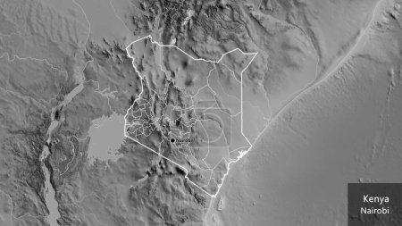 Photo for Close-up of the Kenya border area and its regional borders on a grayscale map. Capital point. Outline around the country shape. English name of the country and its capital - Royalty Free Image