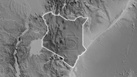 Photo for Close-up of the Kenya border area highlighting with a dark overlay on a grayscale map. Capital point. Glow around the country shape. - Royalty Free Image