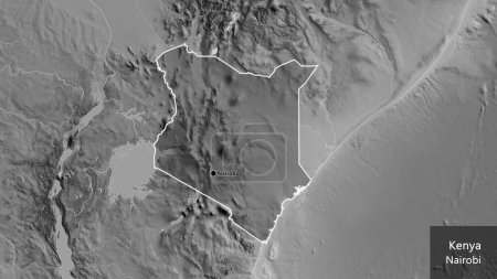 Photo for Close-up of the Kenya border area highlighting with a dark overlay on a grayscale map. Capital point. Outline around the country shape. English name of the country and its capital - Royalty Free Image
