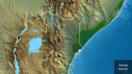 Photo for Close-up of the Kenya border area highlighting with a dark overlay on a physical map. Capital point. Outline around the country shape. English name of the country and its capital - Royalty Free Image