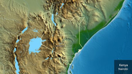 Photo for Close-up of the Kenya border area on a physical map. Capital point. Outline around the country shape. English name of the country and its capital - Royalty Free Image