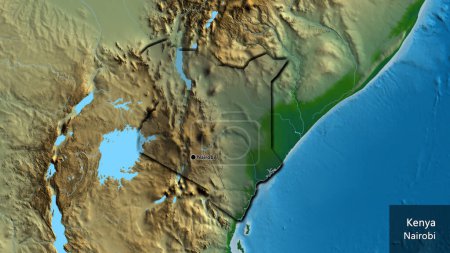 Photo for Close-up of the Kenya border area highlighting with a dark overlay on a physical map. Capital point. Bevelled edges of the country shape. English name of the country and its capital - Royalty Free Image