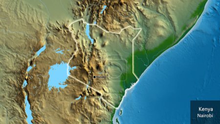 Photo for Close-up of the Kenya border area on a physical map. Capital point. Glow around the country shape. English name of the country and its capital - Royalty Free Image
