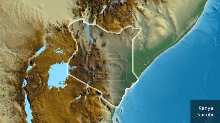 Photo for Close-up of the Kenya border area highlighting with a dark overlay on a relief map. Capital point. Glow around the country shape. English name of the country and its capital - Royalty Free Image