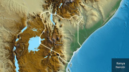Photo for Close-up of the Kenya border area on a relief map. Capital point. Glow around the country shape. English name of the country and its capital - Royalty Free Image