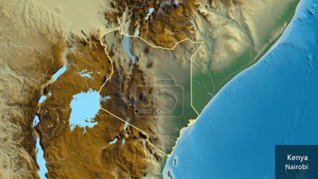 Photo for Close-up of the Kenya border area highlighting with a dark overlay on a relief map. Capital point. Outline around the country shape. English name of the country and its capital - Royalty Free Image