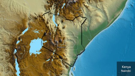 Photo for Close-up of the Kenya border area on a relief map. Capital point. Bevelled edges of the country shape. English name of the country and its capital - Royalty Free Image