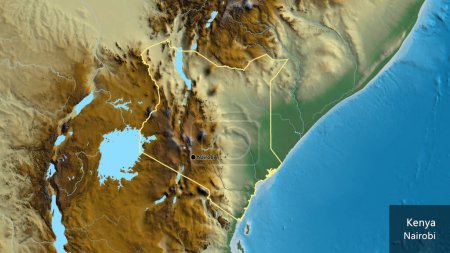 Photo for Close-up of the Kenya border area on a relief map. Capital point. Outline around the country shape. English name of the country and its capital - Royalty Free Image