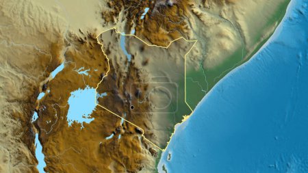 Photo for Close-up of the Kenya border area highlighting with a dark overlay on a relief map. Capital point. Outline around the country shape. - Royalty Free Image