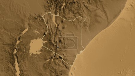 Photo for Close-up of the Kenya border area on a sepia elevation map. Capital point. Outline around the country shape. - Royalty Free Image