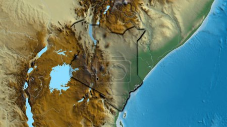 Photo for Close-up of the Kenya border area highlighting with a dark overlay on a relief map. Capital point. Bevelled edges of the country shape. - Royalty Free Image