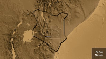 Photo for Close-up of the Kenya border area on a sepia elevation map. Capital point. Bevelled edges of the country shape. English name of the country and its capital - Royalty Free Image