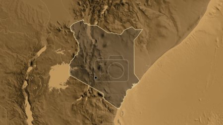 Photo for Close-up of the Kenya border area highlighting with a dark overlay on a sepia elevation map. Capital point. Outline around the country shape. - Royalty Free Image