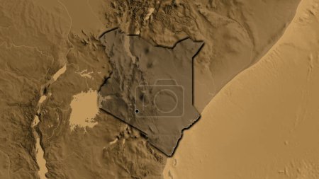 Photo for Close-up of the Kenya border area highlighting with a dark overlay on a sepia elevation map. Capital point. Bevelled edges of the country shape. - Royalty Free Image