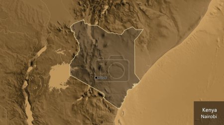 Photo for Close-up of the Kenya border area highlighting with a dark overlay on a sepia elevation map. Capital point. Outline around the country shape. English name of the country and its capital - Royalty Free Image