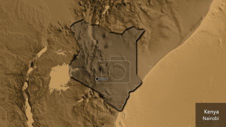 Photo for Close-up of the Kenya border area highlighting with a dark overlay on a sepia elevation map. Capital point. Bevelled edges of the country shape. English name of the country and its capital - Royalty Free Image