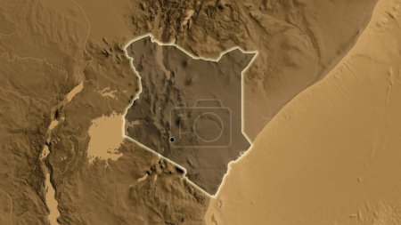 Photo for Close-up of the Kenya border area highlighting with a dark overlay on a sepia elevation map. Capital point. Glow around the country shape. - Royalty Free Image