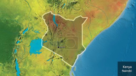 Photo for Close-up of the Kenya border area highlighting with a dark overlay on a topographic map. Capital point. Glow around the country shape. English name of the country and its capital - Royalty Free Image