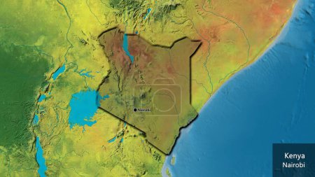 Photo for Close-up of the Kenya border area highlighting with a dark overlay on a topographic map. Capital point. Bevelled edges of the country shape. English name of the country and its capital - Royalty Free Image