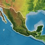 Close-up of the Mexico border area highlighting with a dark overlay on a topographic map. Capital point. Glow around the country shape. English name of the country and its capital