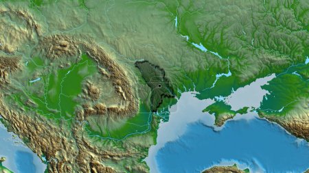 Téléchargez les photos : Gros plan de la zone frontalière moldave mettant en évidence une superposition sombre sur une carte physique. Point capital. bords biseautés de la forme du pays. - en image libre de droit