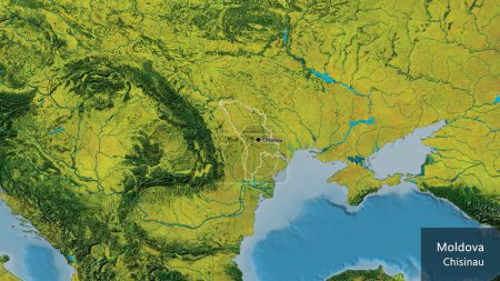 Téléchargez les photos : Plan rapproché de la frontière moldave sur une carte topographique. Point capital. Décrivez la forme du pays. Nom anglais du pays et de sa capitale - en image libre de droit