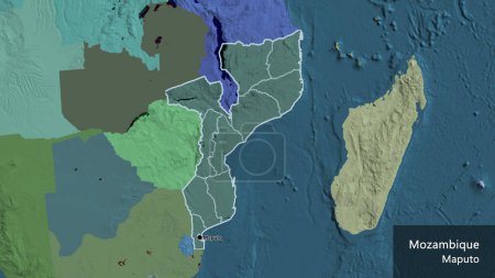 Foto de Primer plano de la zona fronteriza de Mozambique y sus fronteras regionales en un mapa administrativo. Punto capital. Esquema alrededor de la forma del país. Nombre inglés del país y su capital - Imagen libre de derechos