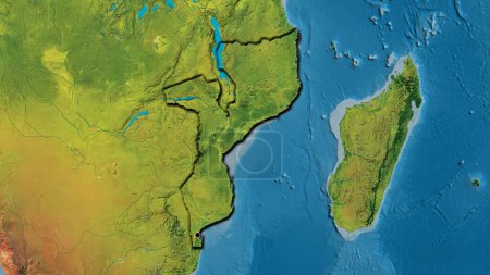 Foto de Primer plano de la zona fronteriza de Mozambique en un mapa topográfico. Punto capital. Bordes biselados de la forma del país. - Imagen libre de derechos