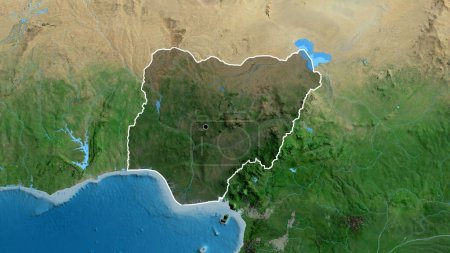 Foto de Primer plano de la zona fronteriza de Níger destacando con una oscura superposición en un mapa satelital. Punto capital. Esquema alrededor de la forma del país. - Imagen libre de derechos