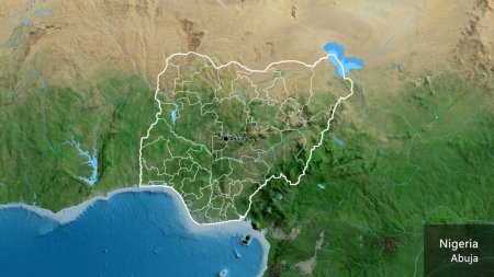 Foto de Primer plano de la zona fronteriza de Níger y sus fronteras regionales en un mapa satelital. Punto capital. Esquema alrededor de la forma del país. Nombre inglés del país y su capital - Imagen libre de derechos