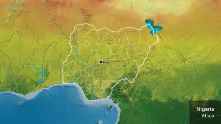 Primer plano de la zona fronteriza de Níger y sus fronteras regionales en un mapa topográfico. Punto capital. Esquema alrededor de la forma del país. Nombre inglés del país y su capital