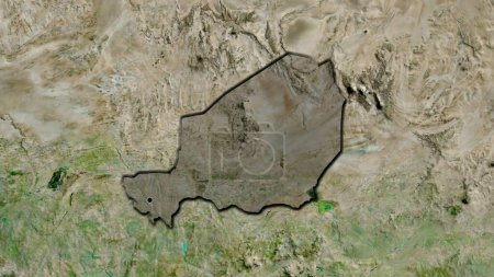 Foto de Primer plano de la zona fronteriza de Níger destacando con una oscura superposición en un mapa satelital. Punto capital. Bordes biselados de la forma del país. - Imagen libre de derechos