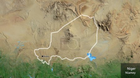 Foto de Primer plano de la zona fronteriza de Níger en un mapa satelital. Punto capital. Brillan alrededor de la forma del país. Nombre inglés del país y su capital - Imagen libre de derechos