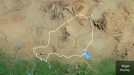 Foto de Primer plano de la zona fronteriza de Níger en un mapa satelital. Punto capital. Esquema alrededor de la forma del país. Nombre inglés del país y su capital - Imagen libre de derechos