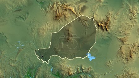 Foto de Primer plano de la zona fronteriza de Níger que destaca con una oscura superposición en un mapa físico. Punto capital. Esquema alrededor de la forma del país. - Imagen libre de derechos