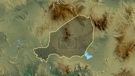 Foto de Primer plano de la zona fronteriza de Níger que destaca con una oscura superposición en un mapa de relieve. Punto capital. Esquema alrededor de la forma del país. - Imagen libre de derechos