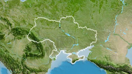 Close-up of the Ukraine border area on a satellite map. Capital point. Glow around the country shape. 