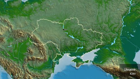 Close-up of the Ukraine border area on a physical map. Capital point. Outline around the country shape. English name of the country and its capital