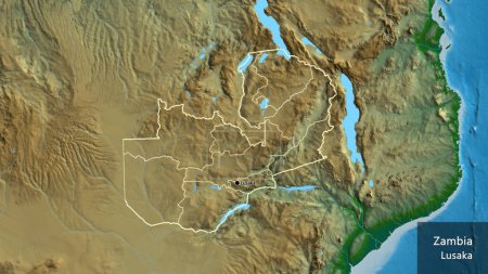 Photo for Close-up of the Zambia border area and its regional borders on a physical map. Capital point. Outline around the country shape. English name of the country and its capital - Royalty Free Image